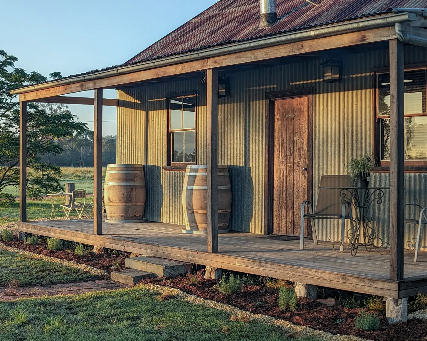The Cottage verandah at golden hour, Broke Estate farm stay